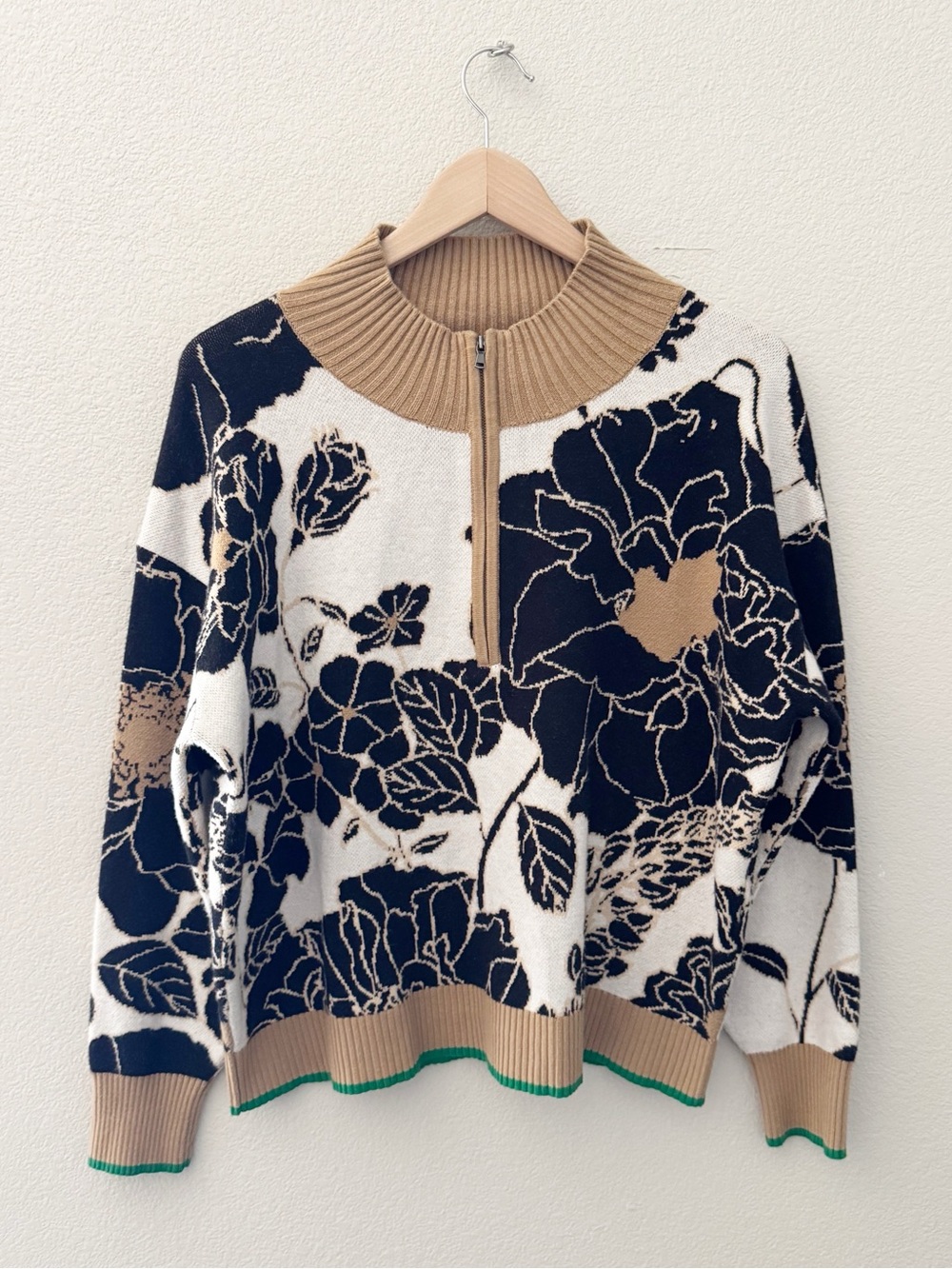 Maeve The Montana Mock Neck Sweater M Anthropologie Black Tan Floral Boxy Chunky - Picture 6 of 13